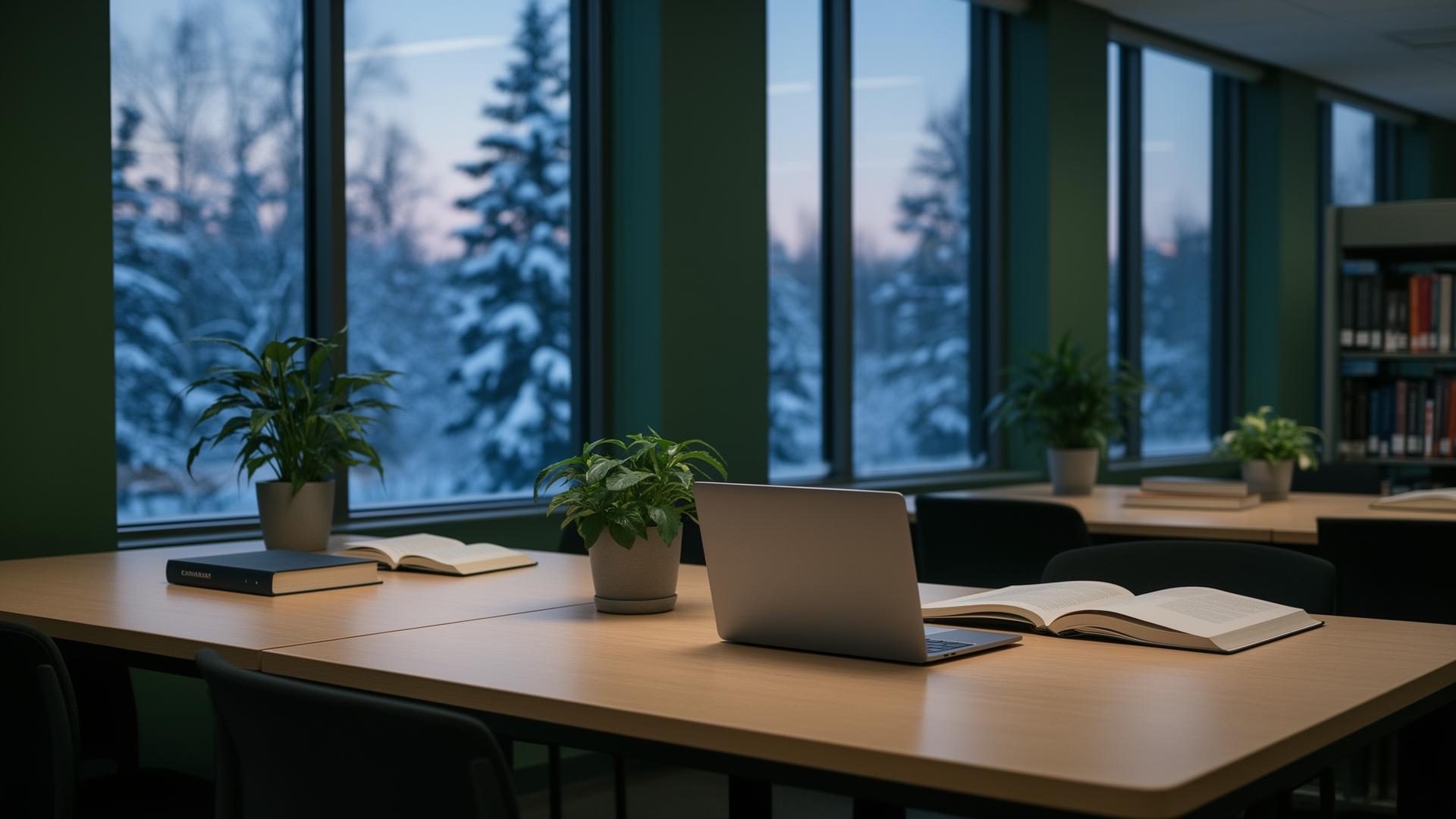 A quiet Canadian university library at dusk with snow visible through the windows